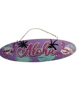 Aloha Wall Purple Plaque  Pink Glitter Flamingos Palm Trees Surfboard Coastal